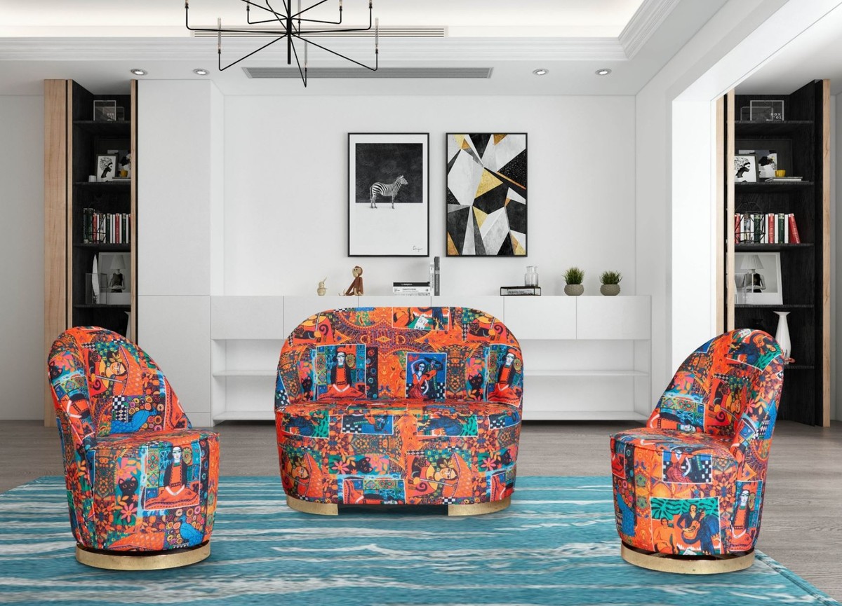 Designer Art Deco Wohnzimmer Set Mehrfarbig / Gold - 2 Sofas & 2 Drehsessel - Wohnzimmer Möbel - Art Deco Möbel