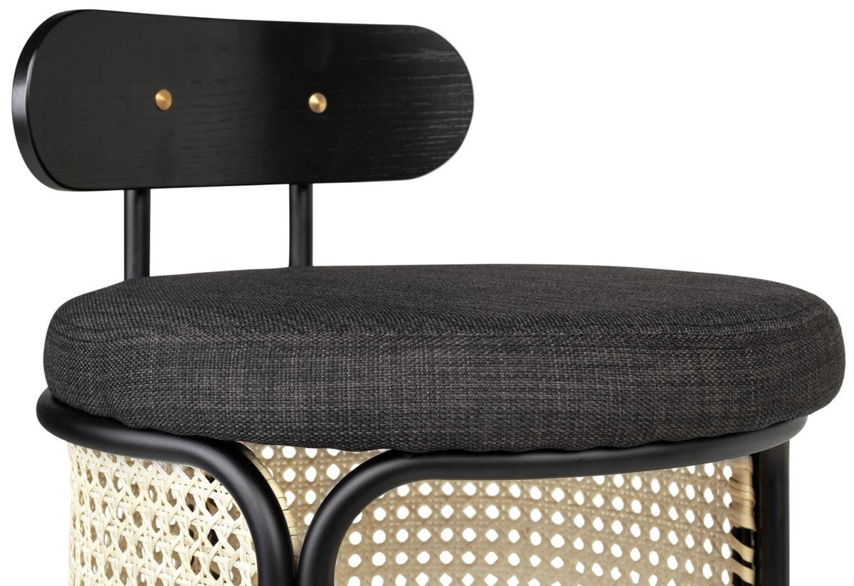 Designer Barstuhl mit Rückenlehne Schwarz / Naturfarben Ø 40,5 x H. 90 cm - Runder gepolsterter Barhocker mit edlem Rattangeflecht und pulverbeschichtetem Stahlrahmen