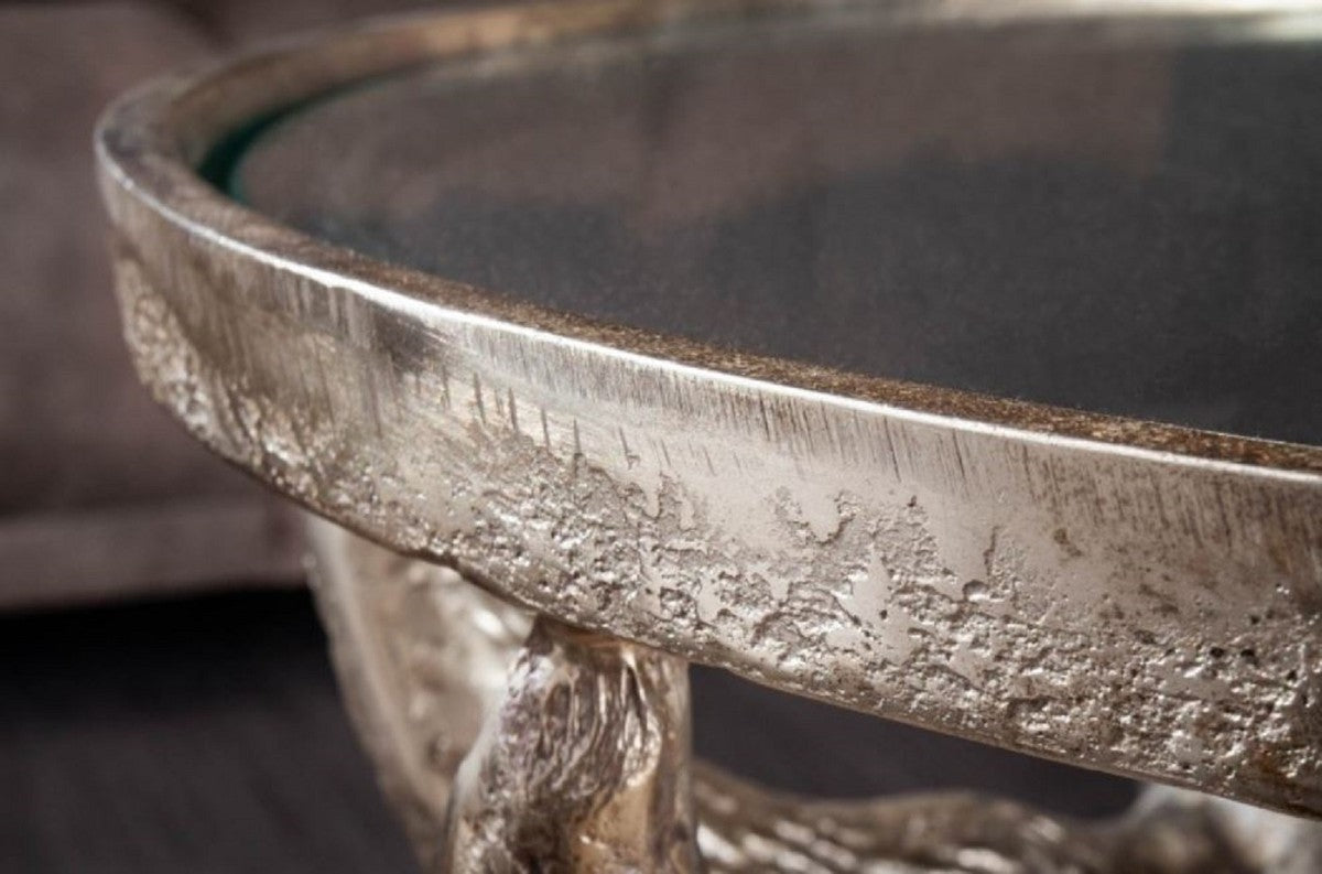 Designer Couchtisch Antik Bronze Ø 56 x H. 53 cm - Runder Wohnzimmertisch mit 3 dekorativen Stierköpfen und Glasplatte - Wohnzimmer Möbel