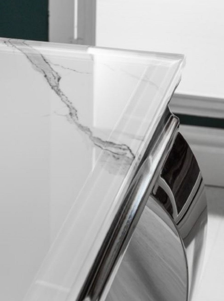 Designer Esstisch Weiß / Grau / Silber 200 x 105 x H. 75 cm - Rechteckiger Edelstahl Küchentisch mit digitalbedrucktem Sicherheitsglas in Marmoroptik - Moderne Barock Möbel