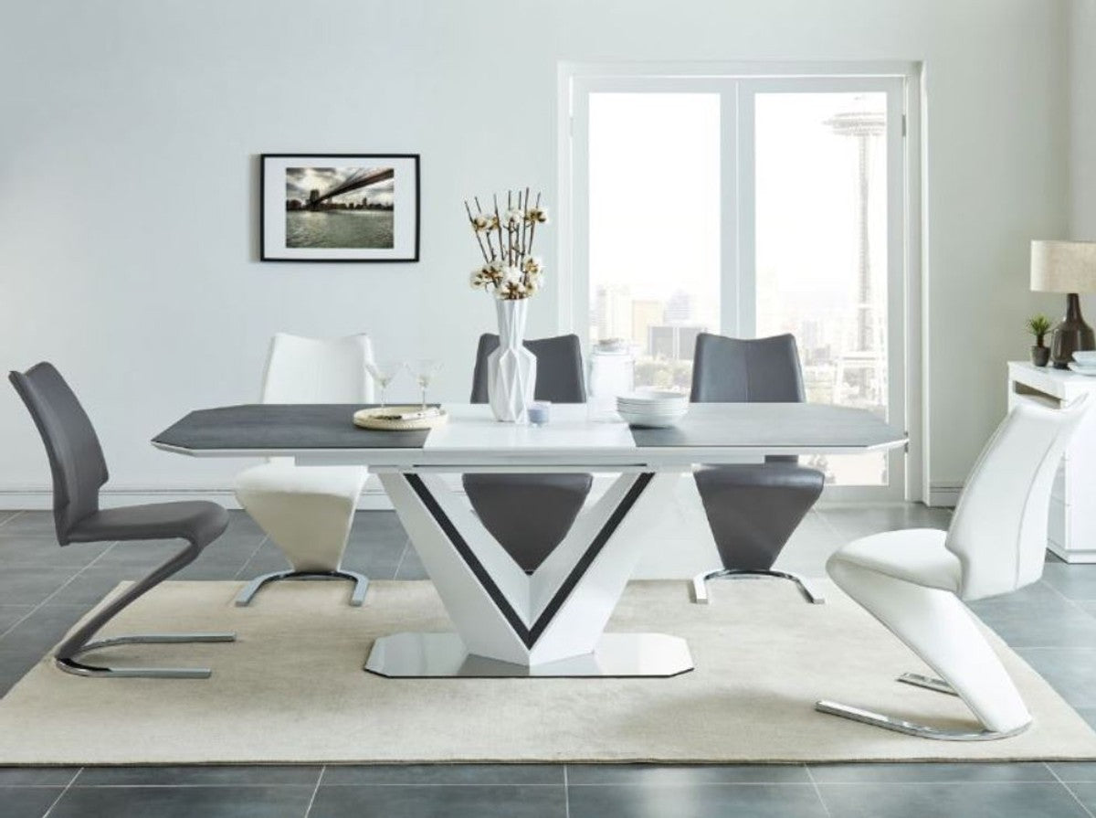 Designer Esstisch Weiß / Grau / Silber 160-220 x 90 x H. 76 cm - Ausziehbarer Esszimmertisch mit Keramikplatten - Esszimmer Möbel