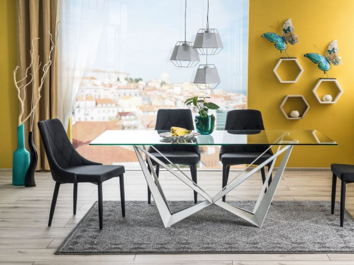 Designer Esstisch mit gehärteter Glasplatte Weiß 180 x 90 x H. 76 cm - Luxus Esszimmer Möbel