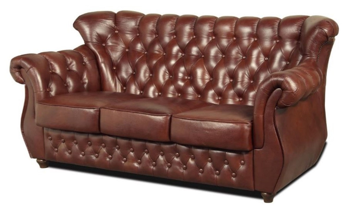 Chesterfield Echtleder 3er Sofa in braun mit dunkelbraunen Füßen 200 x 80 x H. 85 cm - Luxus Qualität