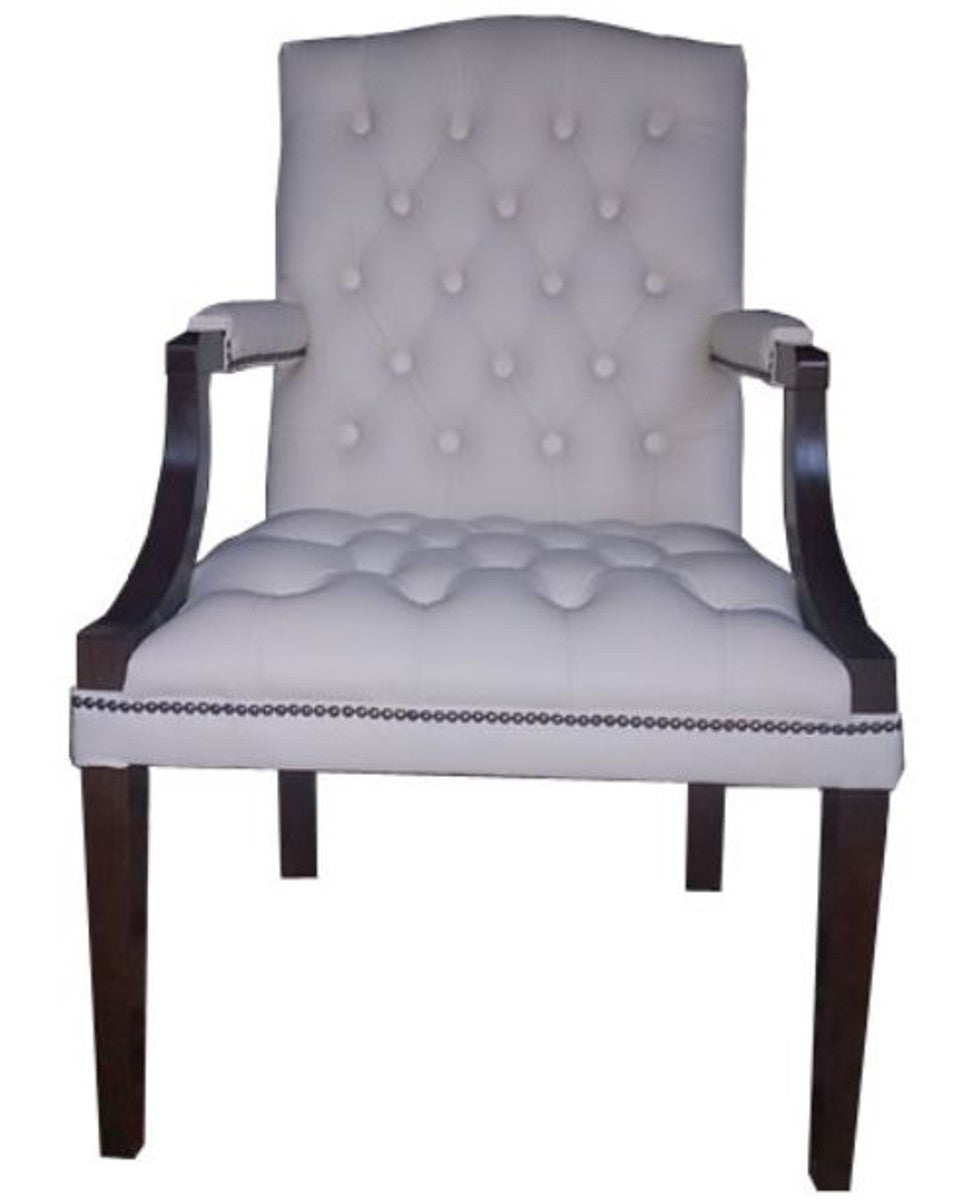 Echtleder Esszimmerstuhl mit Armlehnen Weiß / Dunkelbraun 60 x 60 x H. 100 cm - Chesterfield Möbel