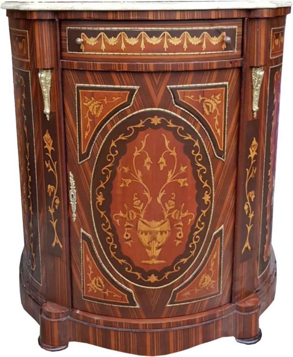 Empire Kommoden Schrank mit Marmorplatte Mahagoni Intarsien - Barock Möbel Kommode