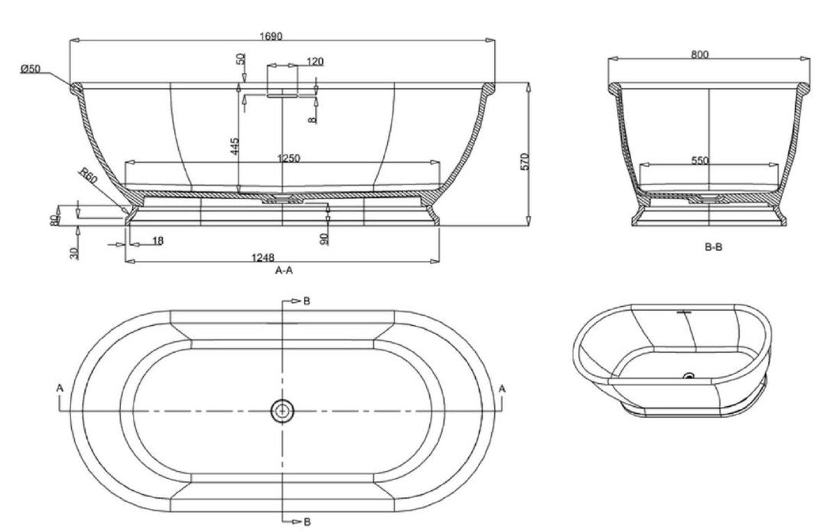 Freistehende Luxus Jugendstil Badewanne Weiß 169 x 80 x H. 57 cm - Luxus Qualität