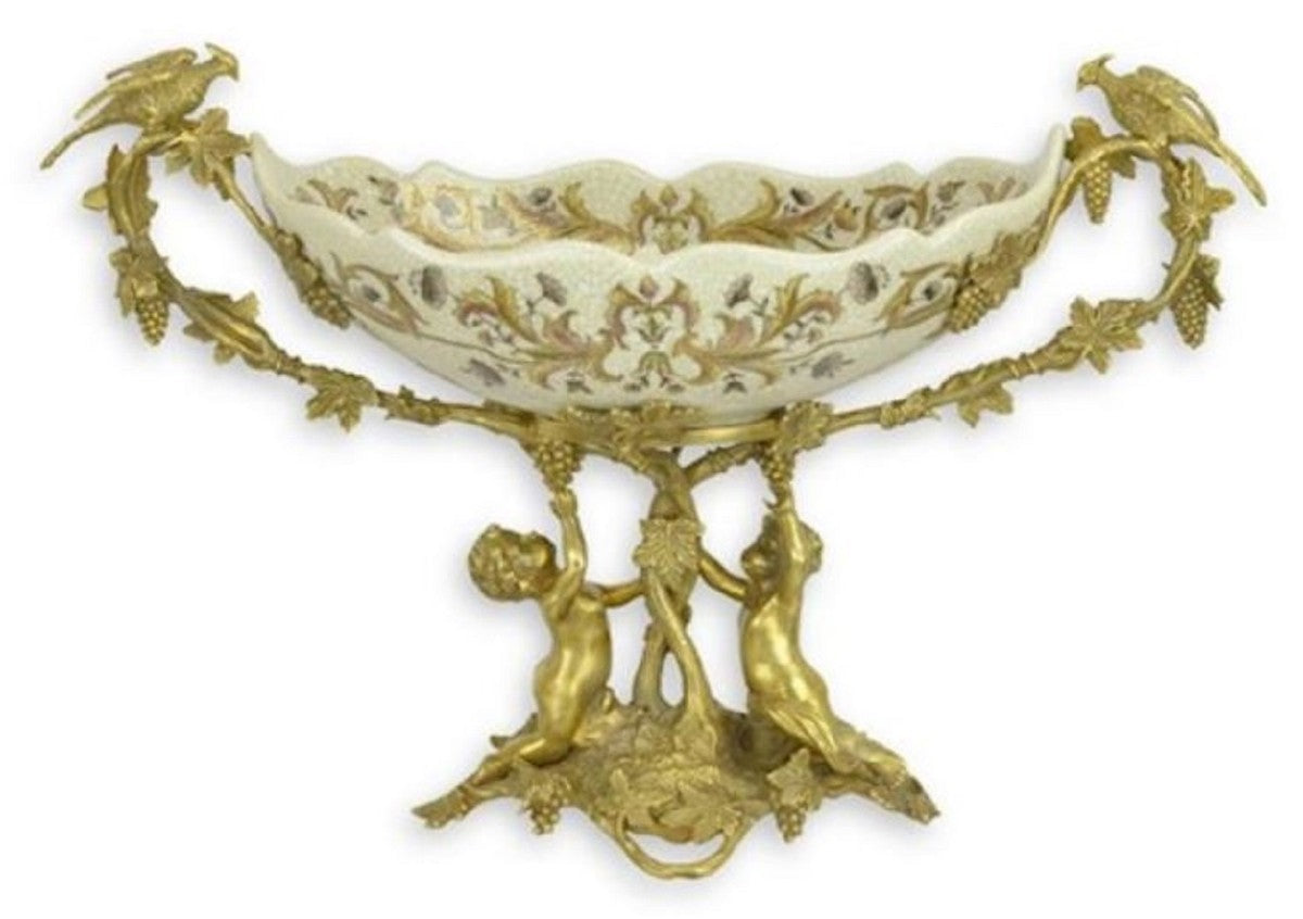 Jugendstil Deko Schale Creme / Messing 50 x H. 29,5 cm - Porzellan Obstschale
