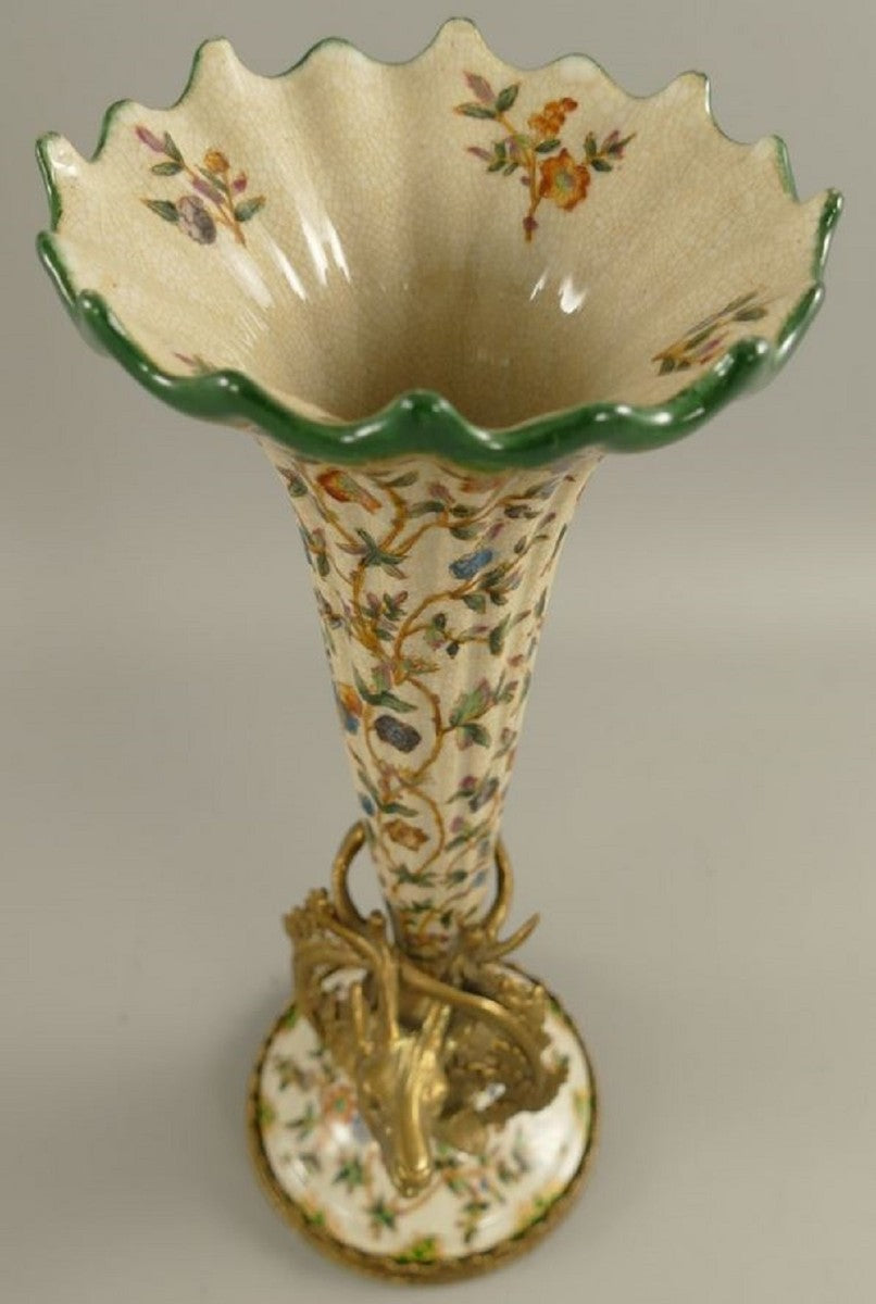 Jugendstil Porzellan Vasen Set Creme / Mehrfarbig / Messing Ø 12 x H. 34 cm - Barock & Jugendstil Deko Accessoires