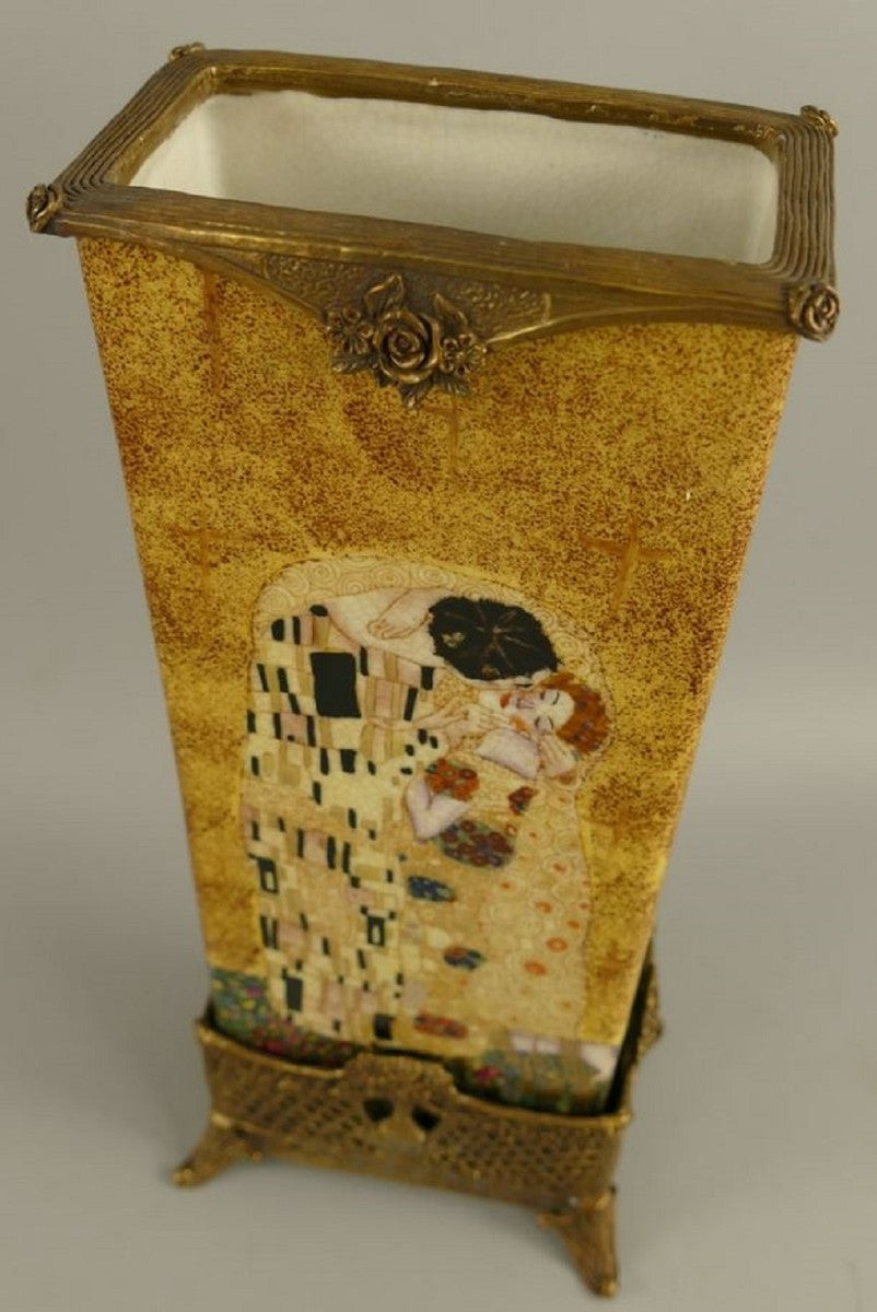 Jugendstil Deko Vase Mehrfarbig / Messing 15 x 10 x H. 34 cm - Porzellan Blumenvase - Barock & Jugendstil Deko Accessoires
