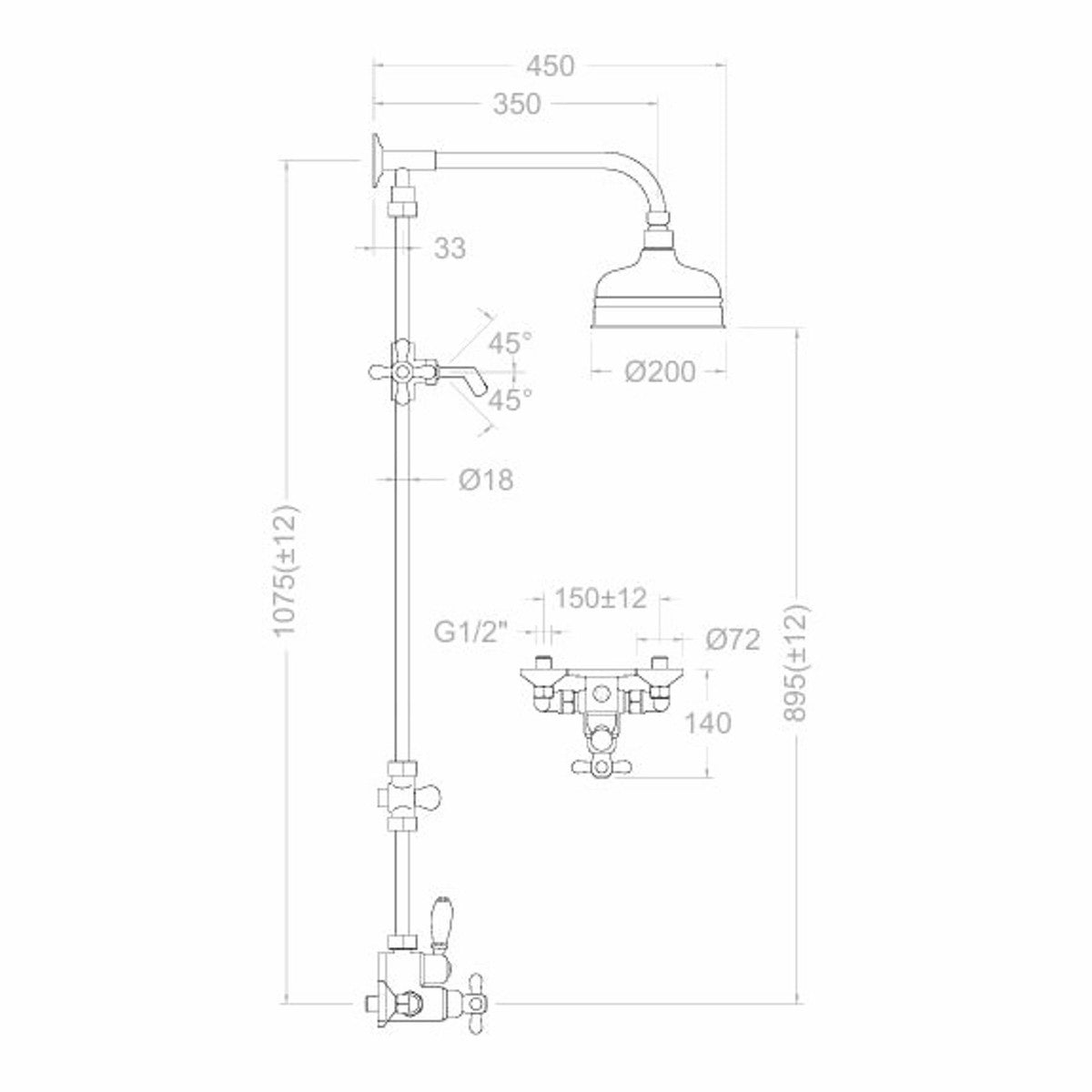 Jugendstil Duschgarnitur mit Überkopfbrause und Handbrause H. 107,5 cm