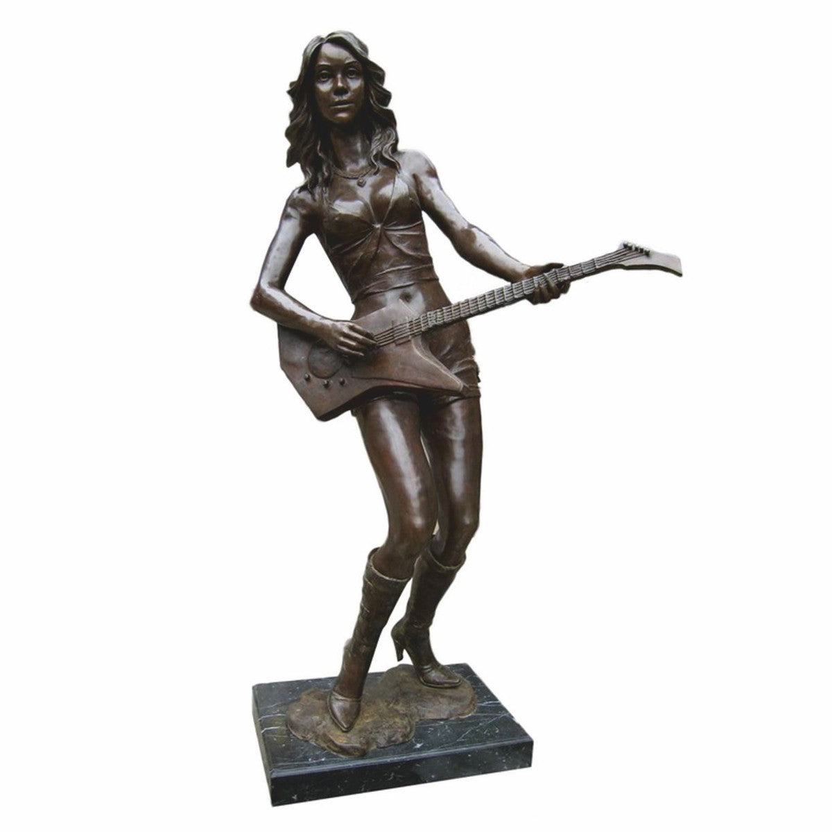 XXL Deko Messing Skulptur Gitarrenspielerin Bronze / Schwarz H. 180 cm