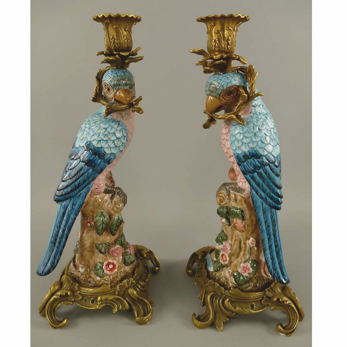 Barock Porzellan Kerzenhalter Set Vögel Blau / Bunt / Messing H. 37 cm