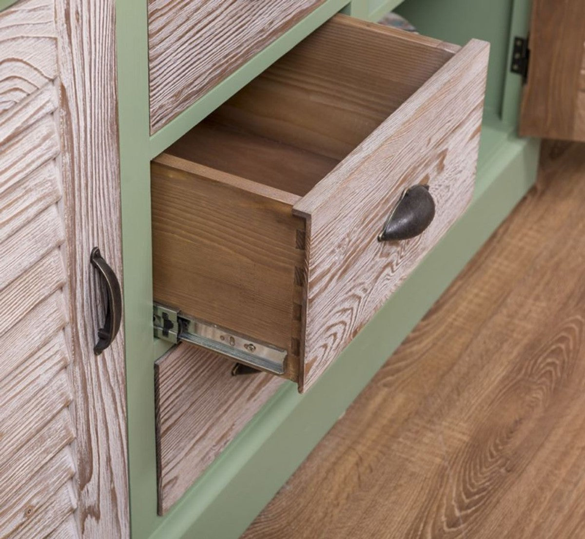 Landhausstil Badezimmer Set Grün / Naturfarben - 1 Doppelwaschtisch & 1 Wandspiegel & 1 Regalschrank - Massivholz Badezimmer Möbel im Landhausstil