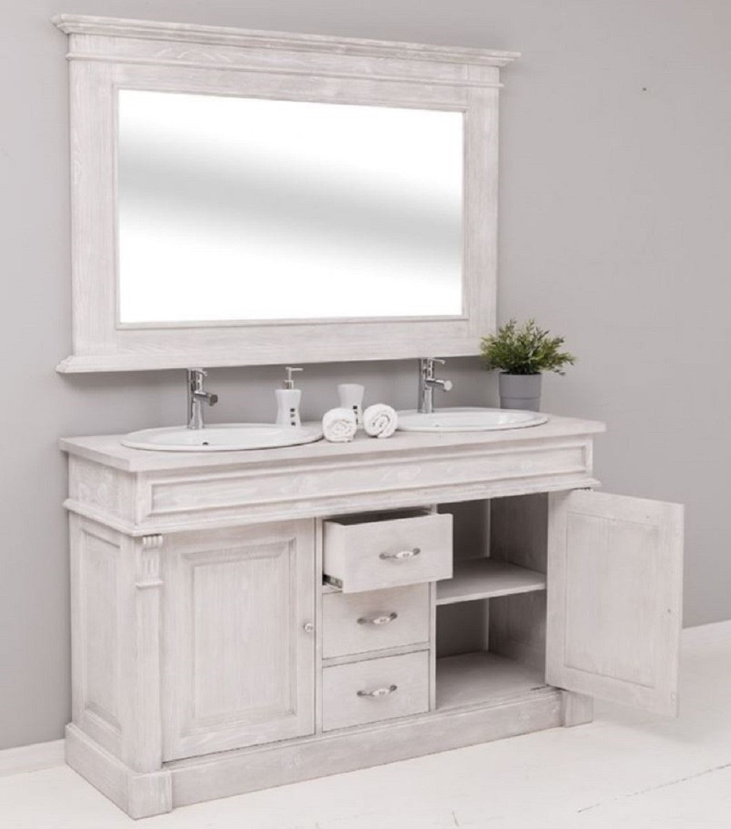 Landhausstil Badezimmer Set Hellgrau - 1 Doppelwaschtisch & 2 Waschbecken & 2 Wasserhähne & 1 Wandspiegel - Massivholz Badezimmer Möbel im Landhausstil