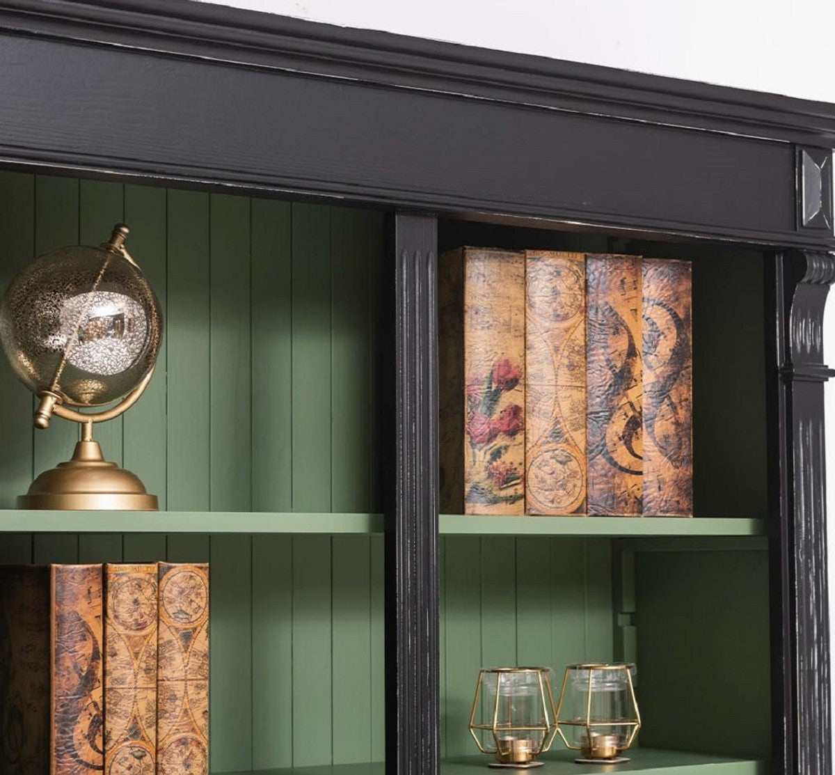 Landhausstil Bücherschrank Antik Schwarz / Grün 120 x 39 x H. 197 cm - Massivholz Schrank - Regalschrank - Wohnzimmerschrank - Büroschrank - Landhausstil Möbel
