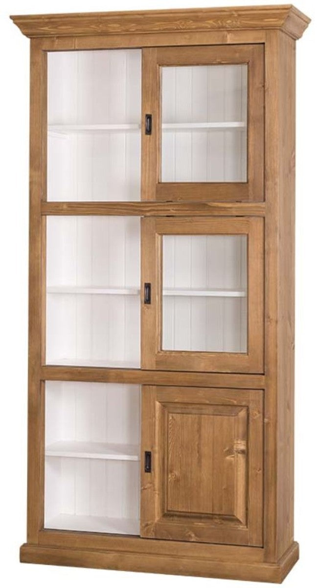 Landhausstil Bücherschrank Braun / Weiß 110 x 40 x H. 210 cm - Wohnzimmerschrank mit 6 Schiebetüren