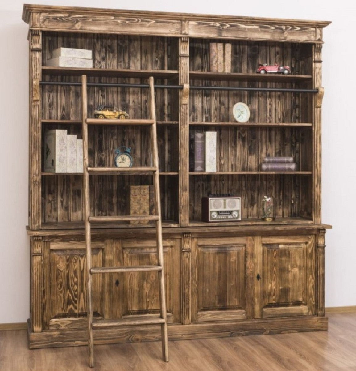 Landhausstil Bücherschrank mit Leiter Braun 223 x 51 x H. 228 cm - Massivholz Schrank - Wohnzimmerschrank - Regalschrank - Büroschrank - Landhausstil Möbel
