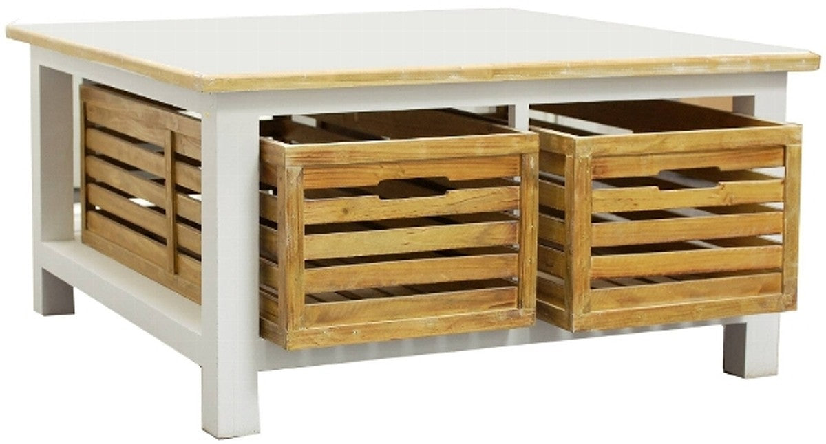 Landhausstil Couchtisch Weiß / Naturfarben 90 x 90 x H. 47 cm - Handgefertigter Wohnzimmertisch mit 2 Holzkörben