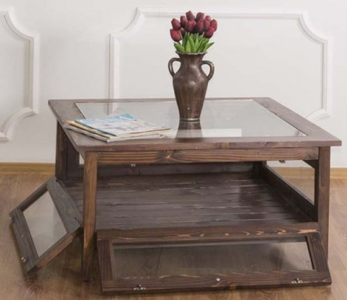 Landhausstil Couchtisch mit Glasplatte Braun 90 x 90 x H. 45 cm - Massivholz Wohnzimmertisch - Wohnzimmermöbel im Landhausstil