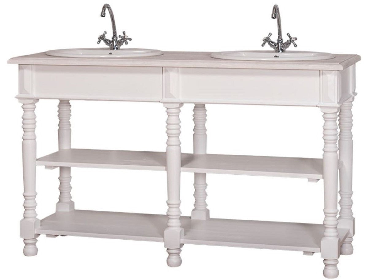 Landhausstil Doppel Waschbeckenschrank Weiß / Hellgrau 150 x 54 x H. 90 cm - Massivholz Waschtisch - Badezimmermöbel im Landhausstil