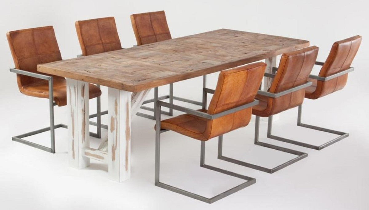 Landhausstil Esstisch Naturfarben / Weiß - Verschiedene Größen - Rechteckiger Rustikaler Massivholz Küchentisch - Rustikale Esszimmer Möbel - Landhausstil Esszimmer Möbel