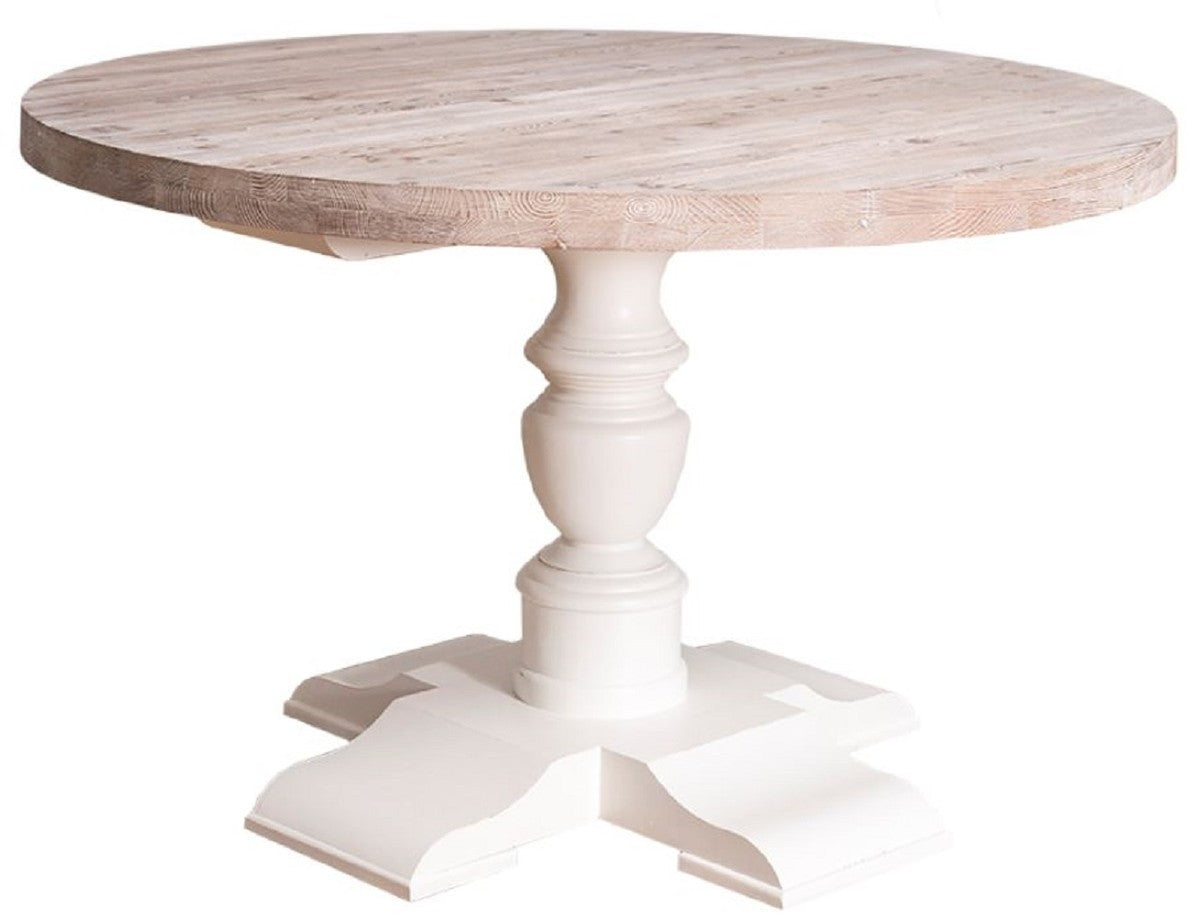 Landhausstil Esstisch Weiß / Naturfarben Ø 130 x H. 78 cm - Runder Massivholz Küchentisch