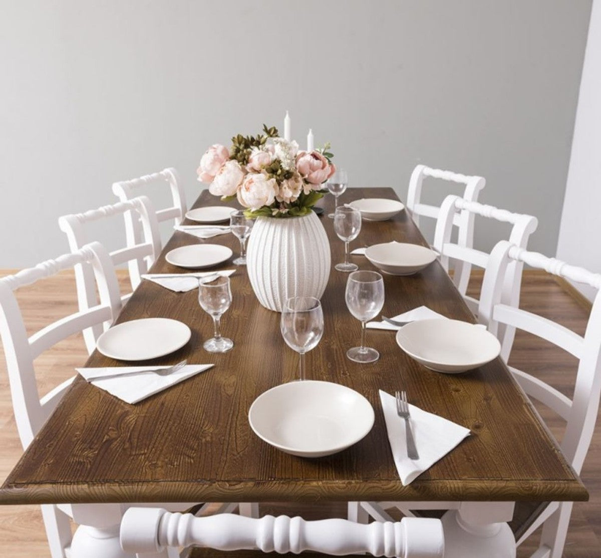 Landhausstil Esszimmer Möbel Set Braun / Weiß - 1 Esstisch & 8 Esszimmerstühle - Massivholz Esszimmer Möbel - Landhausstil Möbel