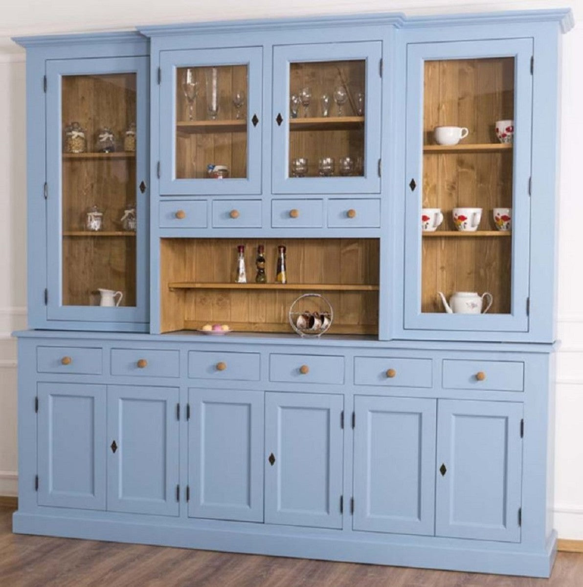Landhausstil Esszimmerschrank Hellblau / Naturfarben 245 x 47 x H. 225 cm - Massivholz Küchenschrank - Esszimmer Möbel im Landhausstil - Landhausstil Esszimmer Einrichtung