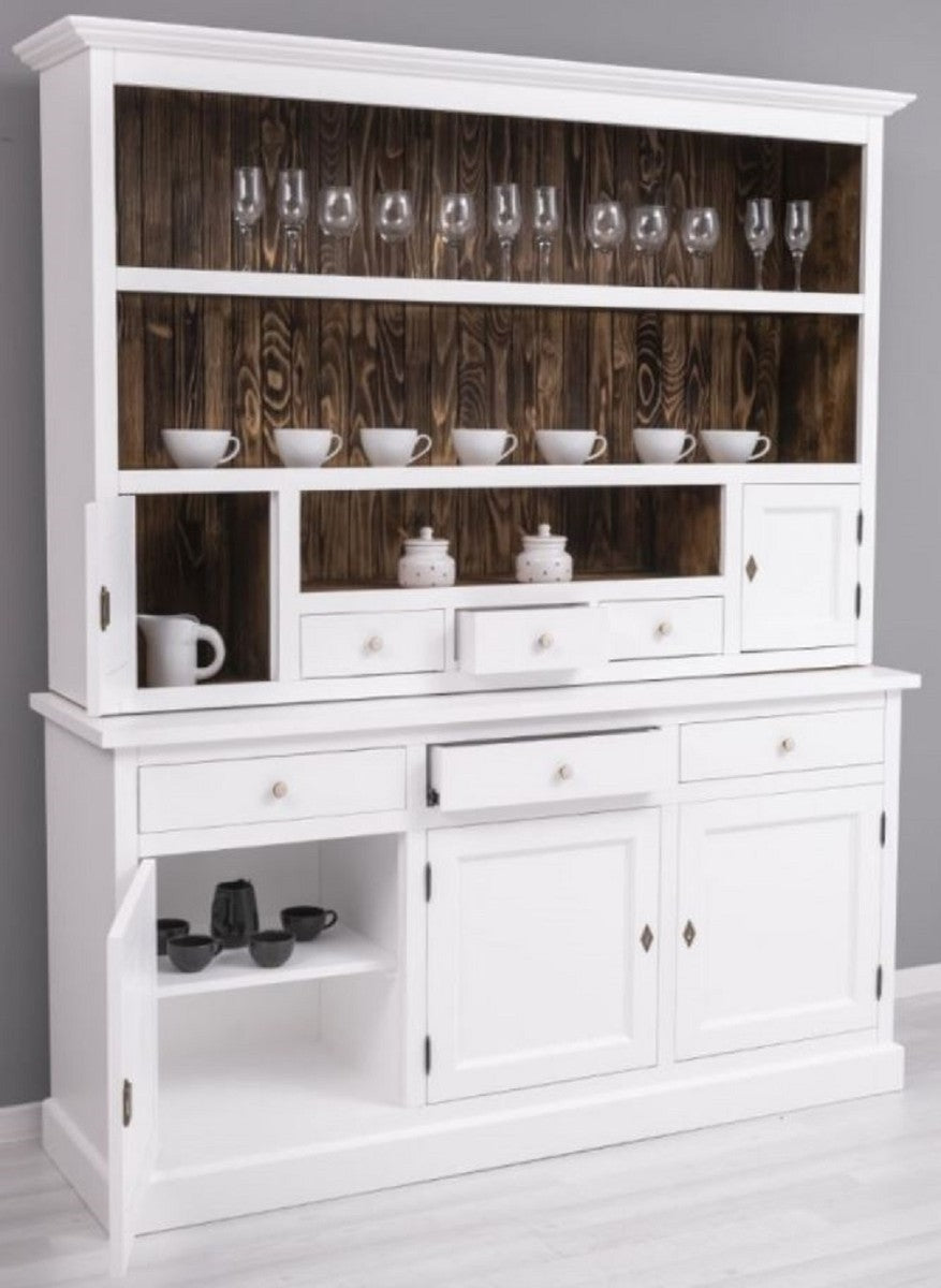 Landhausstil Esszimmerschrank Weiß / Dunkelbraun 179 x 50 x H. 210 cm - Massivholz Küchenschrank - Esszimmer Möbel im Landhausstil - Landhausstil Esszimmer Einrichtung