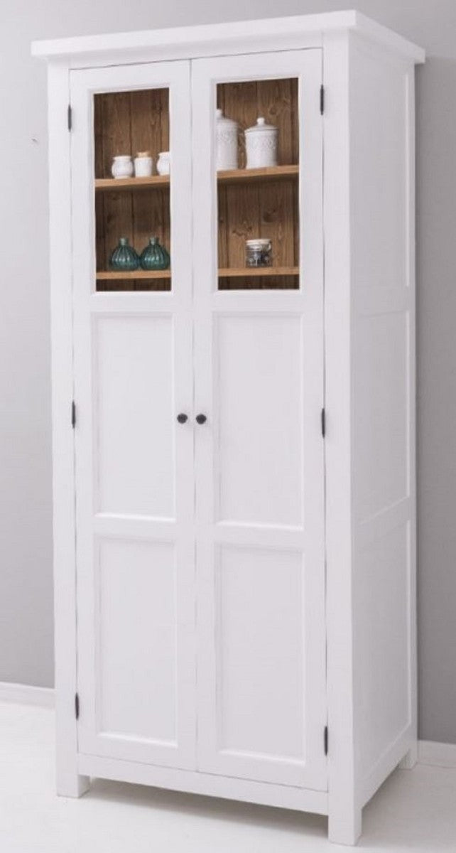 Landhausstil Esszimmerschrank Weiß / Naturfarben 96 x 65 x H. 220 cm - Massivholz Küchenschrank mit 2 Türen - Esszimmer Möbel im Landhausstil - Landhausstil Esszimmer Einrichtung