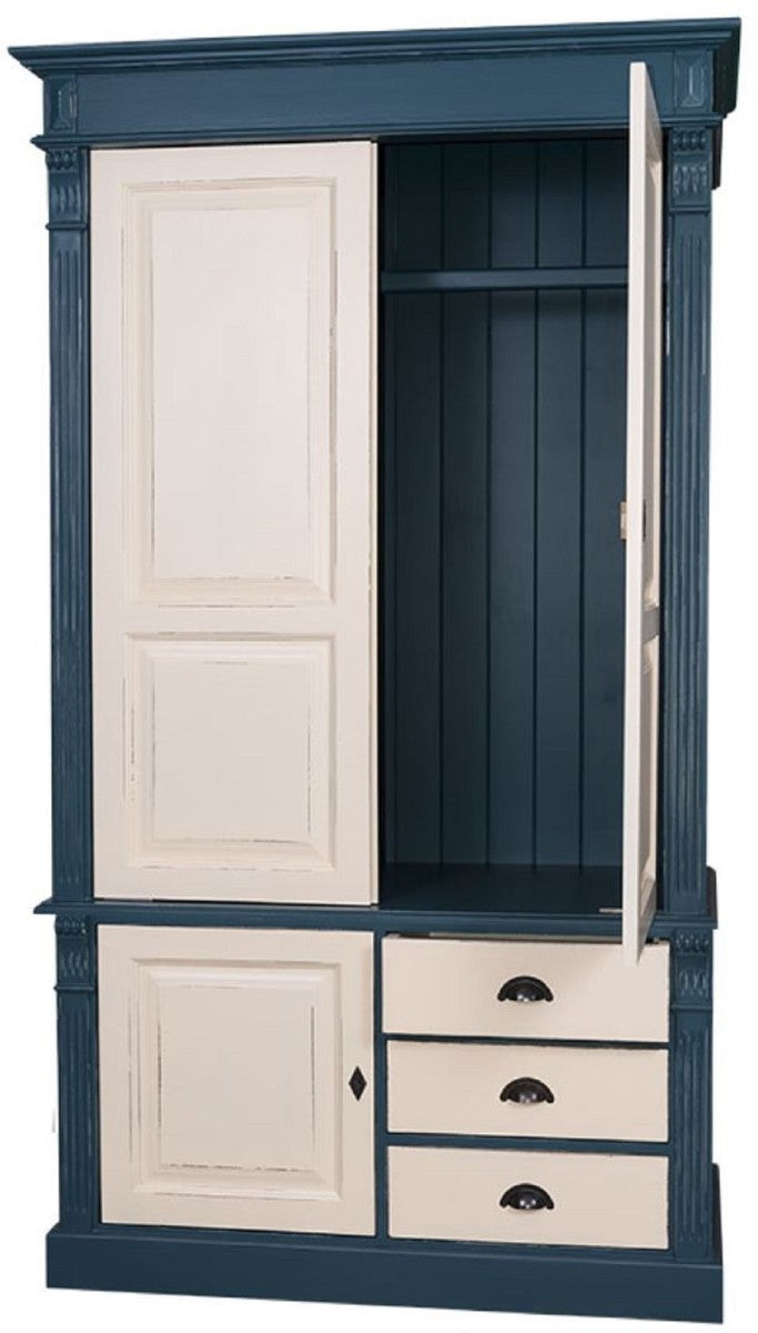 Landhausstil Kleiderschrank Antik Blau / Antik Cremefarben 120 x 59 x H. 210 cm - Massivholz Schlafzimmerschrank mit 3 Türen und 3 Schubladen - Landhausstil Schlafzimmermöbel