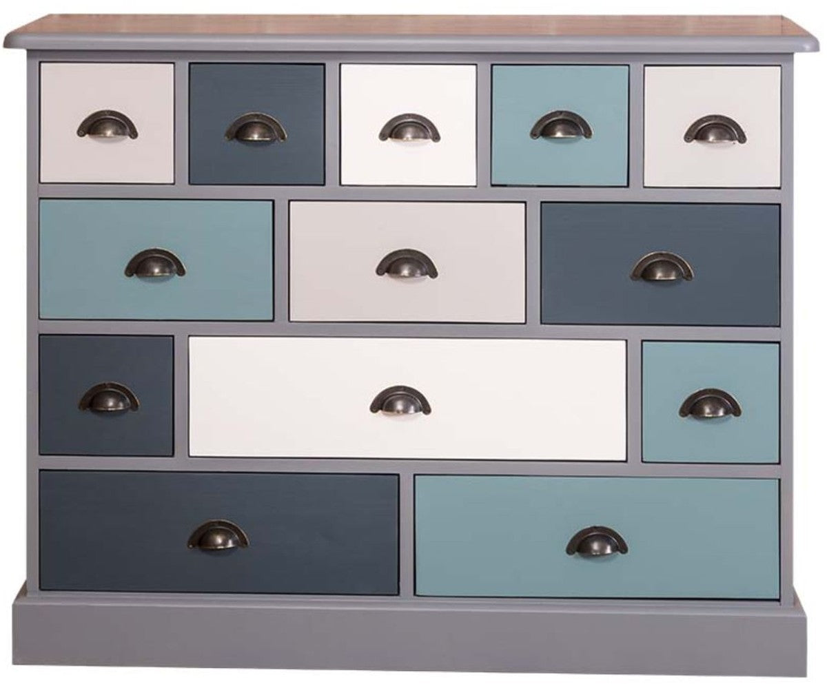 Landhausstil Kommode mit 13 Schubladen Grau / Bunt 120 cm - Landhausstil Büromöbel