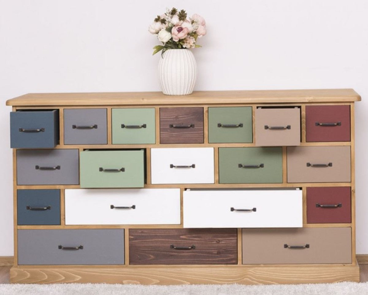 Landhausstil Kommode Hellbraun / Mehrfarbig 180 x 48 x H. 95 cm - Massivholz Schrank mit 19 Schubladen - Landhausstil Möbel