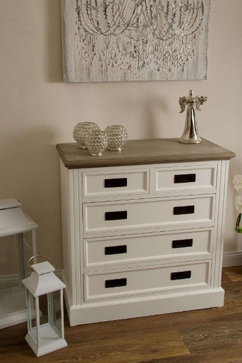 Landhausstil Kommode mit 5 Schubladen Weiß / Grau 85 x 40 x H. 86 cm - Landhausstil Möbel