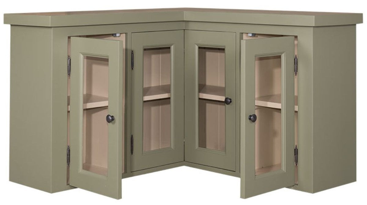 Landhausstil Küchen Eckoberschrank Grün / Beige 98 x 98 x H. 65 cm - Landhausstil Hängeschrank mit 3 Glastüren