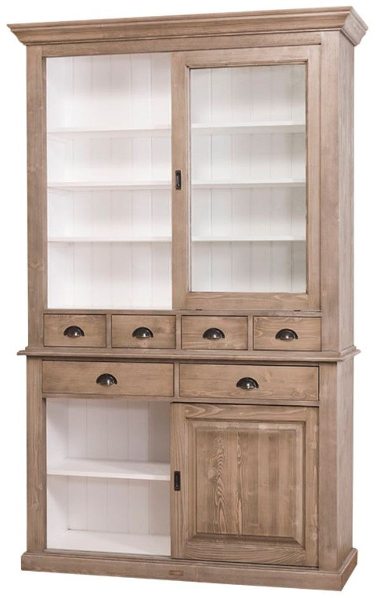 Landhausstil Küchenschrank Braun / Weiß 142 x 48 x H. 225 cm - 2 Teiliger Küchenschrank mit 4 Schiebetüren und 6 Schubladen