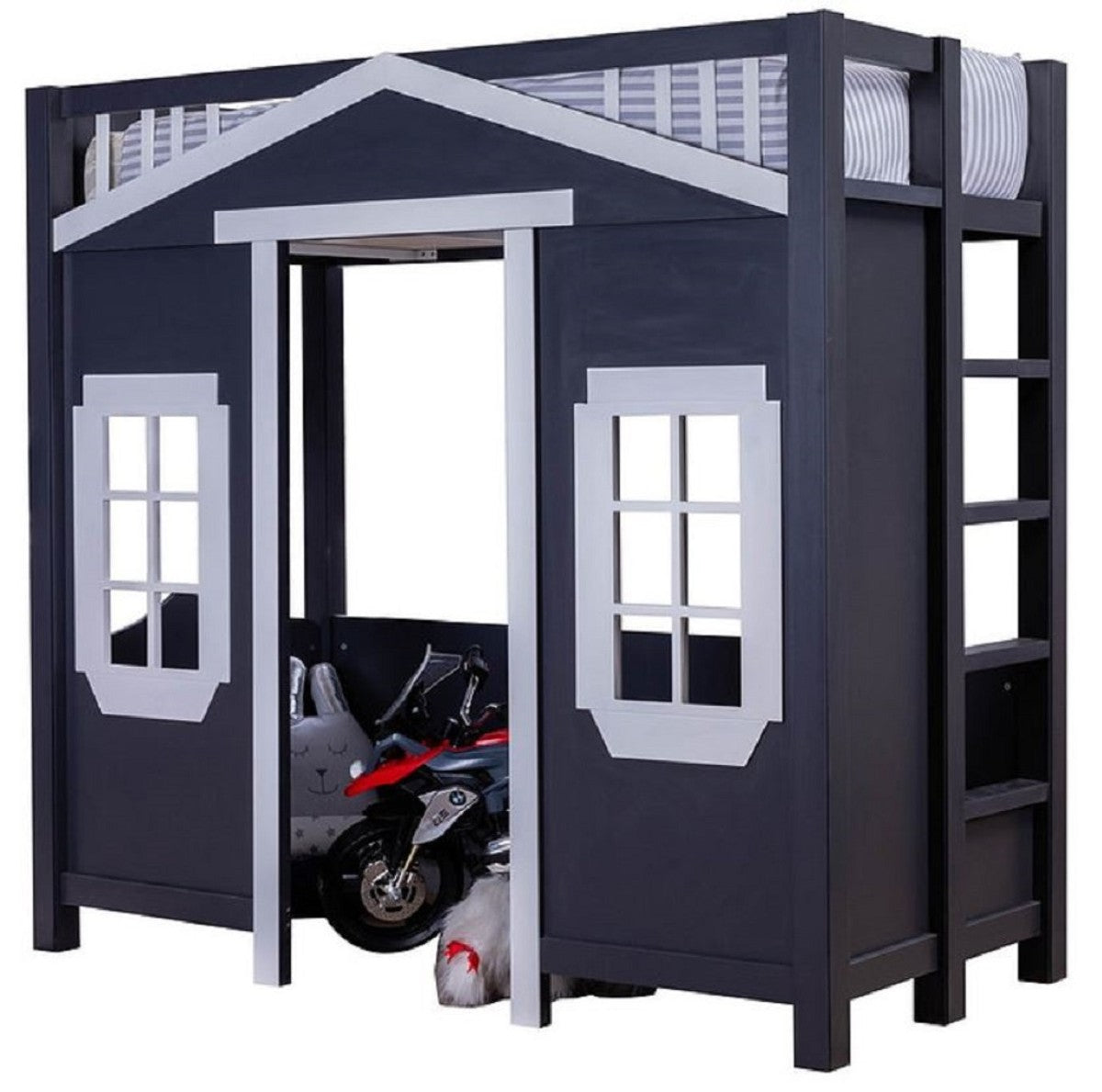 Landhausstil Kinderhaus Bett Dunkelblau / Grau 208 x 102 x H. 196 cm - Kinder Hochbett mit Leiter - Landhausstil Kinderzimmer Möbel