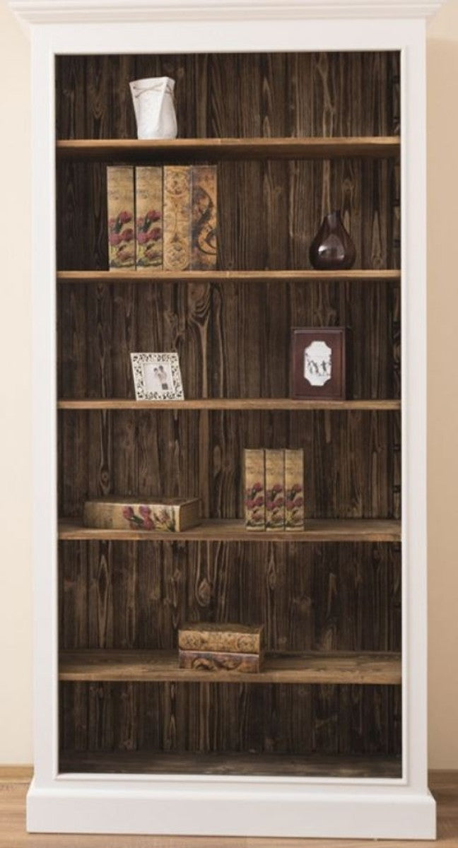 Landhausstil Bücherschrank Weiß / Braun 110 x 39 x H. 210 cm - Massivholz Schrank - Regalschrank - Wohnzimmerschrank - Büroschrank - Landhausstil Möbel