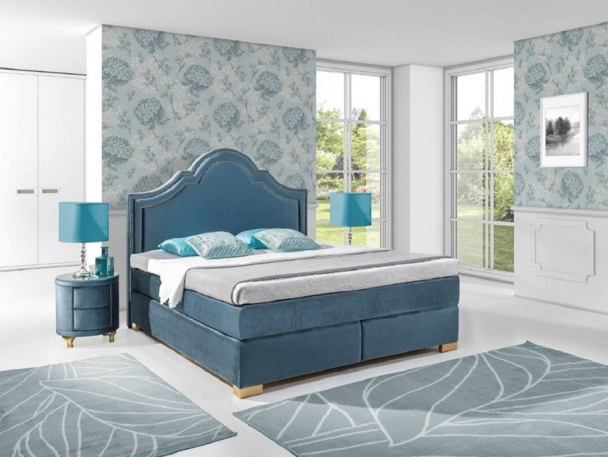 Jugendstil Doppelbett Blau / Gold - Verschiedene Größen - Elegantes Massivholz Bett mit Kopfteil - Jugendstil Schlafzimmer Möbel