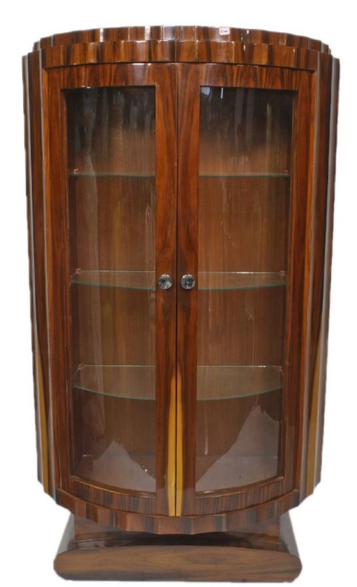 Art Deco Vitrine Braun 100 x 45 x H. 165 cm - Halbrunder Mahagoni Vitrinenschrank mit 2 Glastüren - Art Deco Wohnzimmer Möbel