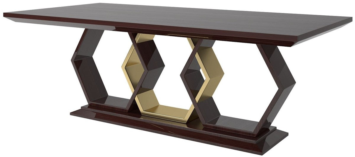 Designer Esstisch Dunkelbraun Hochglanz / Gold 220 x 110 x H. 77 cm - Edler Rechteckiger Massivholz Küchentisch - Luxus Qualität