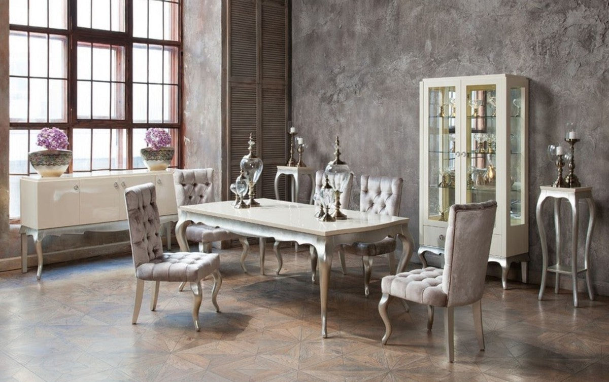 Art Deco Esstisch Creme / Silber 189-240 x 108 x H. 76 cm - Ausziehbarer Massivholz Küchentisch - Art Deco Esszimmer Möbel