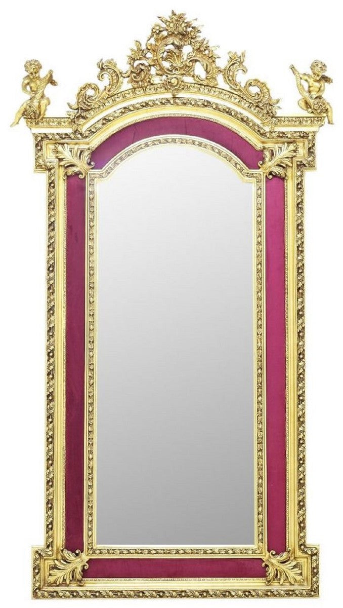 Barock Standspiegel mit dekorativen Engelsfiguren Bordeauxrot / Gold - Handgefertigter Massivholz Spiegel im Barockstil - Barock Möbel - Edel & Prunkvoll