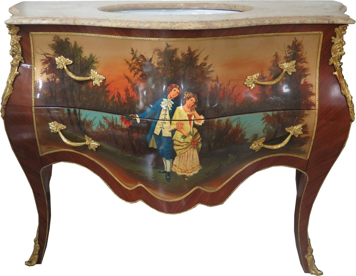 Barock Waschtisch Braun mit Malerei und cremefarbener Marmorplatte - Luxus Barock Badezimmermöbel