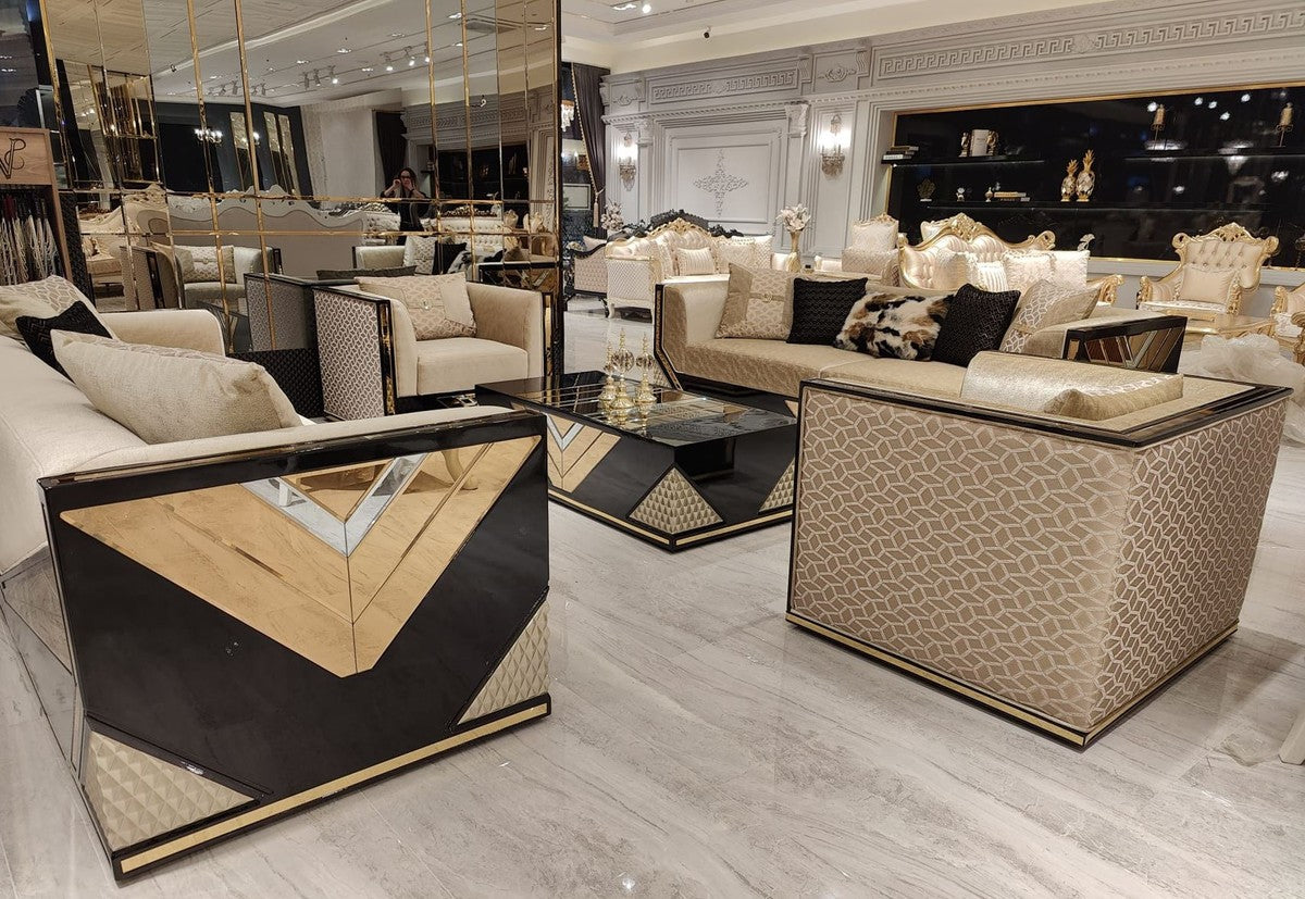 Luxus Wohnzimmer Set Gold / Schwarz - 2 Luxus Sofas & 2 Luxus Sessel & 1 Luxus Couchtisch - Wohnzimmer Möbel - Luxus Möbel - Luxus Einrichtung - Wohnzimmer Einrichtung