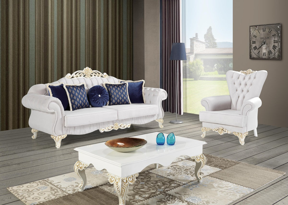 Barock Wohnzimmer Set Hellgrau / Weiß / Creme / Gold - 2 Sofas & 2 Sessel & 1 Couchtisch - Edle Wohnzimmer Möbel im Barockstil