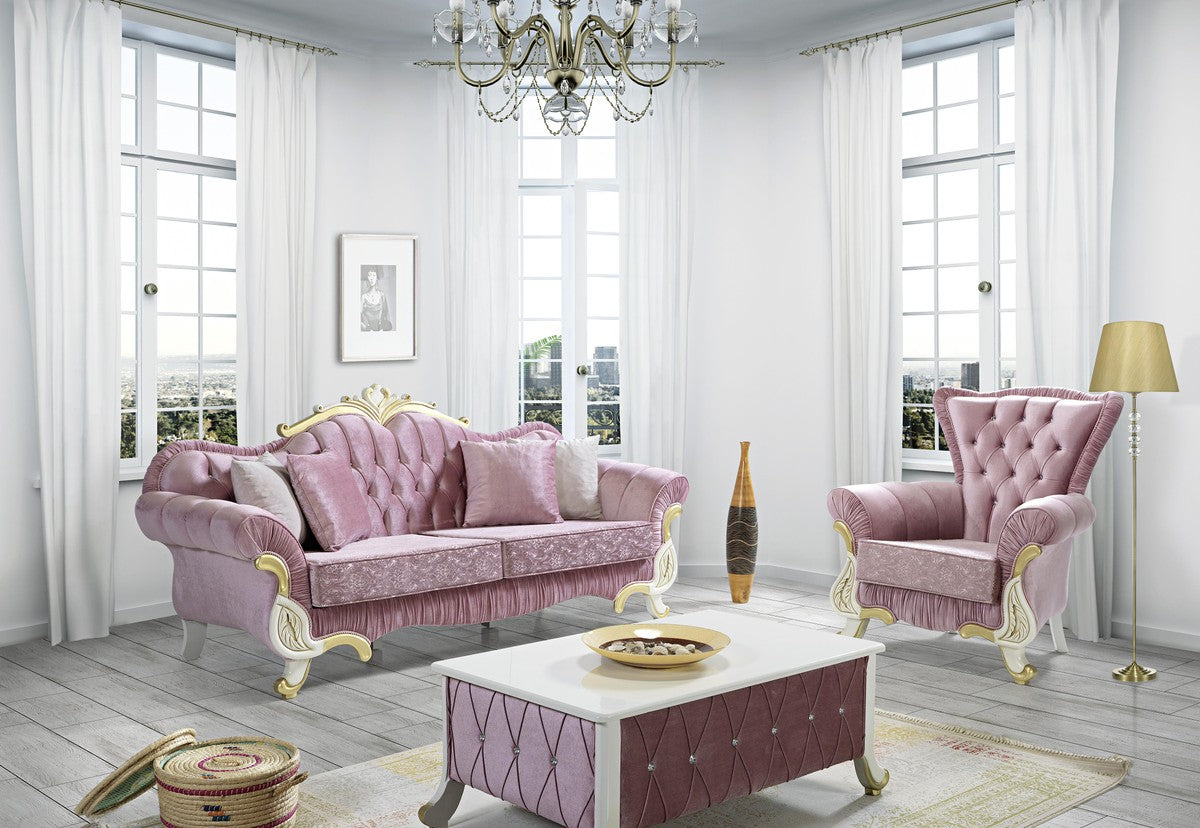 Barock Wohnzimmer Set Rosa / Weiß / Gold - 2 Sofas & 2 Sessel & 1 Couchtisch - Wohnzimmer Möbel im Barockstil - Edle Barock Möbel
