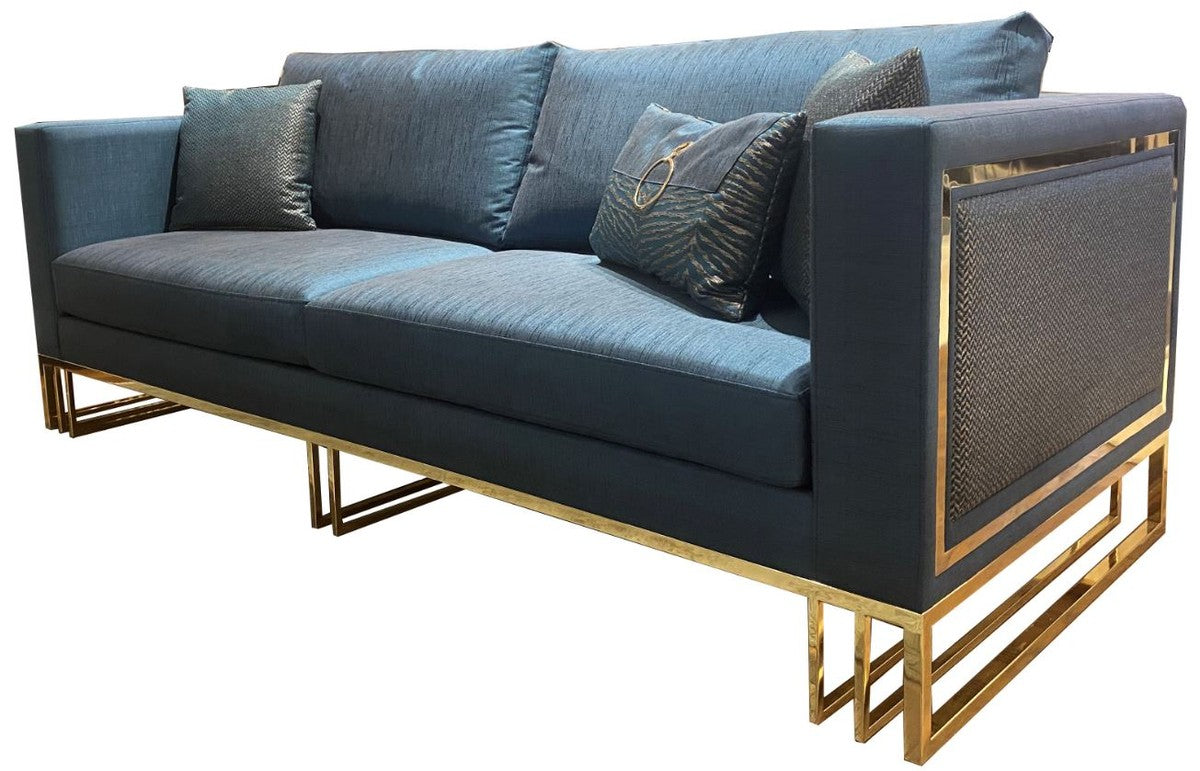 Luxus Wohnzimmer Sofa Blau / Gold 240 x 95 x H. 80 cm - Luxus Wohnzimmer Möbel - Luxus Qualität