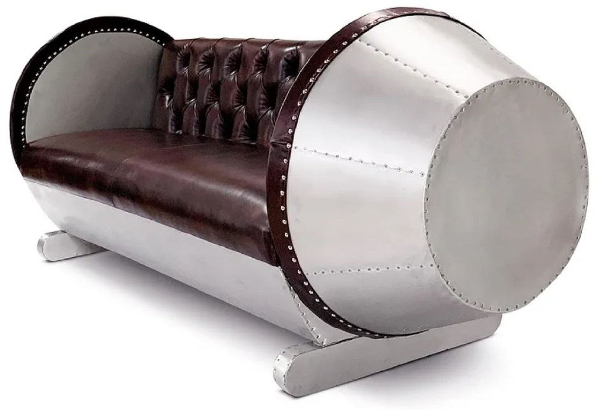 Chesterfield Leder Sofa Silber / Braun 240 x 82 x H. 91 cm - Echtleder Wohnzimmer Sofa - Flugzeug Möbel - Flieger Möbel - Chesterfield Möbel - Wohnzimmer Möbel - Echtleder Möbel