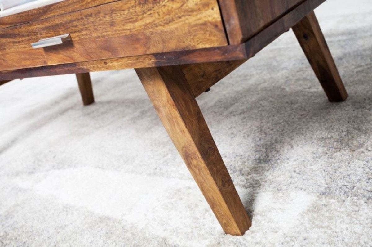 Massivholz Couchtisch Naturfarben 100 x 55 x H. 40 cm - Wohnzimmertisch im Retro Style - Retro Design Wohnzimmer Möbel
